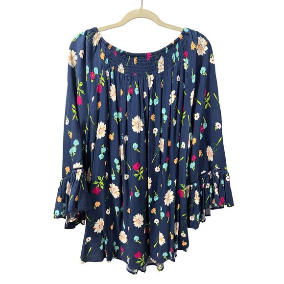 Terra & sky Floral Blue Rayon Peasant Top Smocked Bodice & Bell Sleeves Sz 1X - Picture 9 of 12